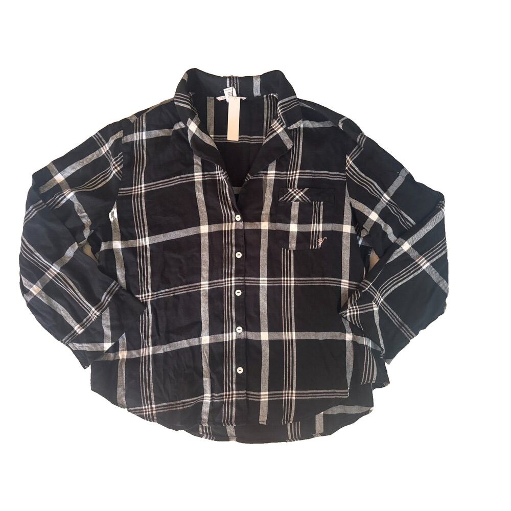 Victoria's Secret Pajamas Top Small Plaid Black & Pink Button Down Long Sleeve